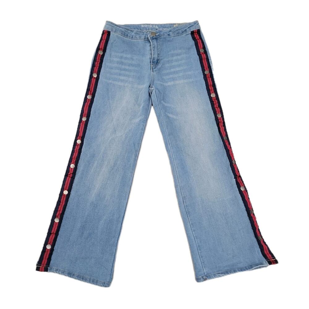 Rocks & Indigo Jeans Side Snap Blue Red Wide Leg Size 6/27